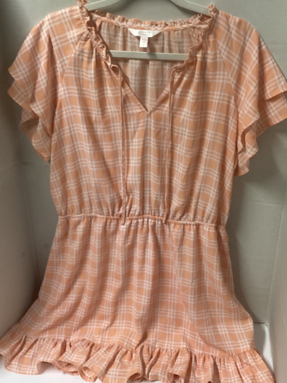 LC Lauren Conrad Peach and White Plaid Ruffle Neck Blouse